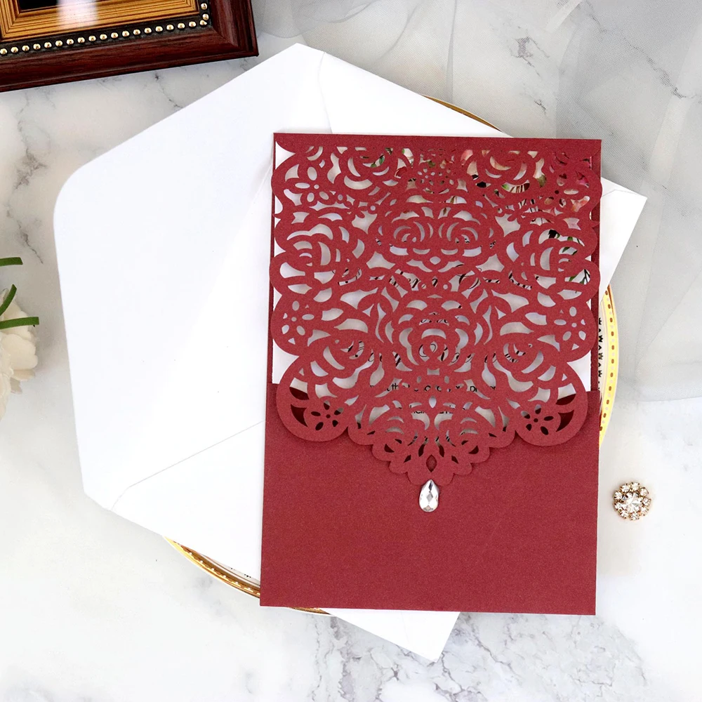 10pcs/set Elegant Lace Pocket Wedding Invitations Card Business Invitation Square Laser Cut Customize Greeting Card Event Party