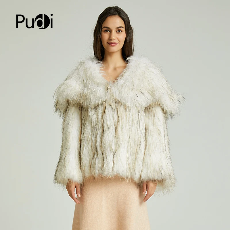 

PUDI CT829 2020 New Fashion women real raccoon fur turn down collar short jacket lady leisure lady warm coat