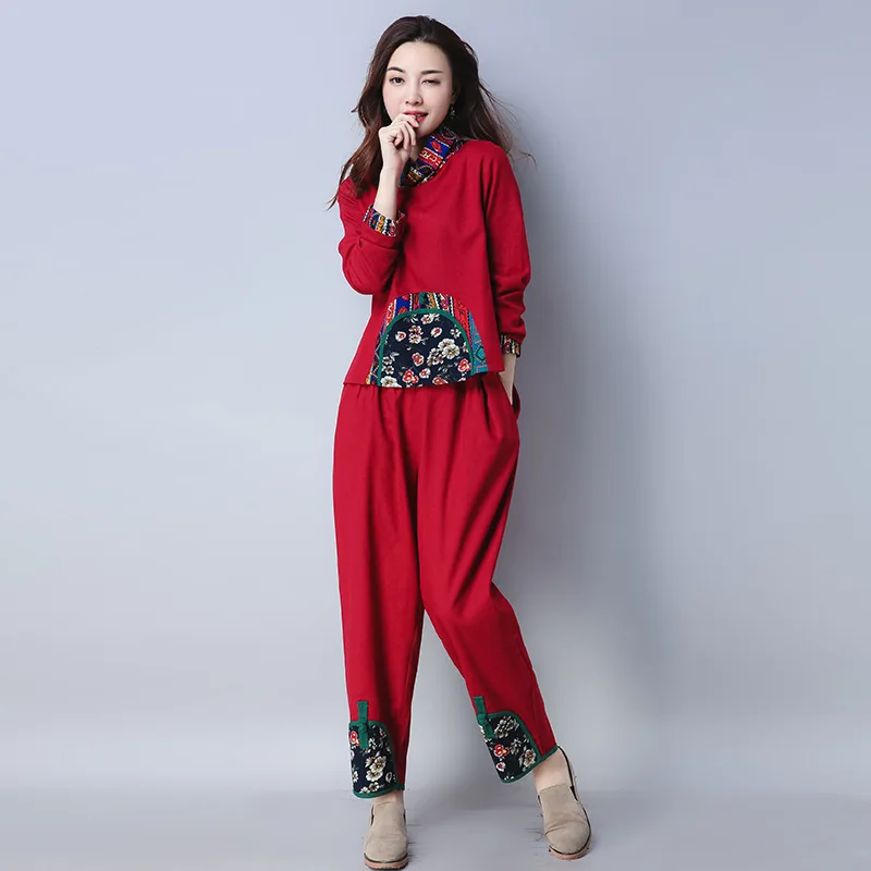 

2018 Autumn Origional Ethnic-Style Mixed Colors Tops Long-sleeved T-shirt Loose And Plus-sized Bloomers Fashion Leisure Suit