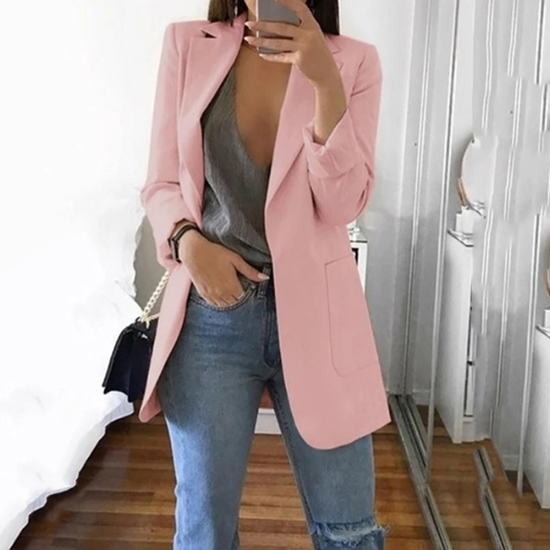 

Female 2019 European American Fashion Lapel Slim Coats Open Stitch Long Sleeve Pockets Cardigan Office Lady Casual Suit Jacket