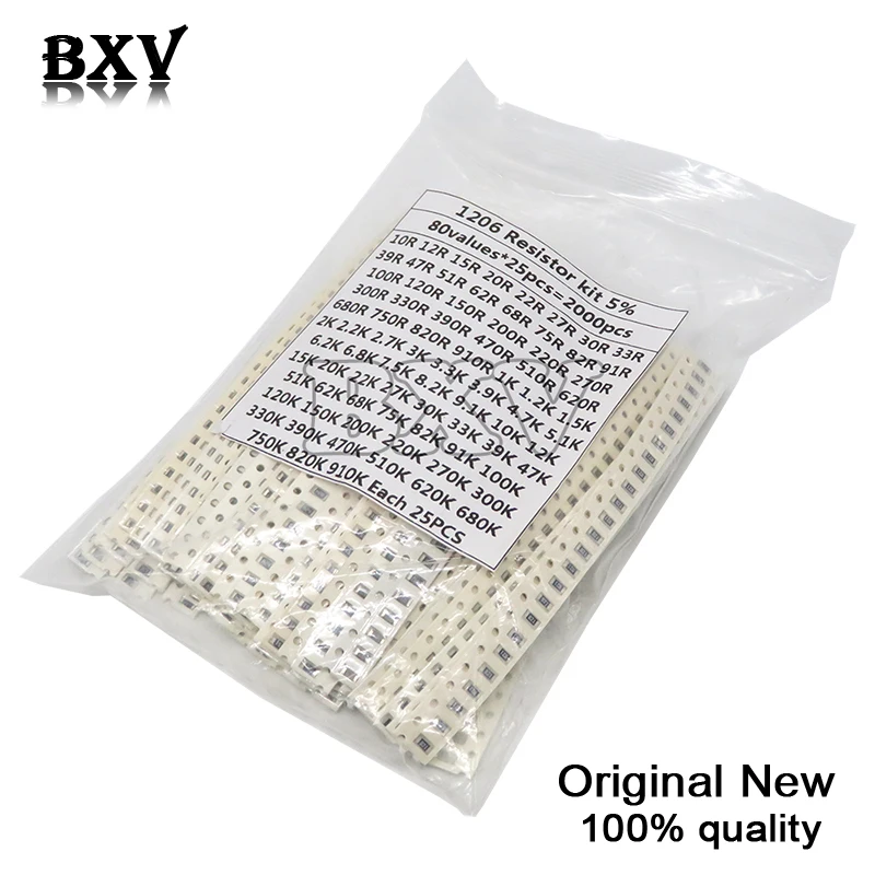 1206 SMD Resistor Kit Assorted Set 5% 80Values*25PCS 2000PCS 10Ohm-910K Ohm SMD Resistors 10K 470/100/680 Ohm Resistance Pack SMD Resistor SMD Chip Resistor