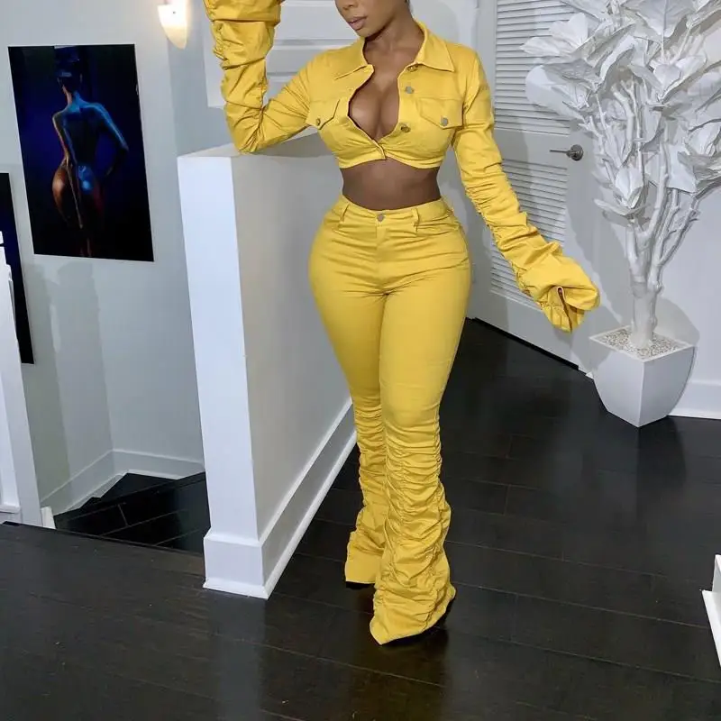 

2019 Fall Winter Ruched Wrinkle Two Piece Set Puff Sleeved Crop Top Cardigan Bell Bottom Pants Lapel Sexy Two Piece Outfits