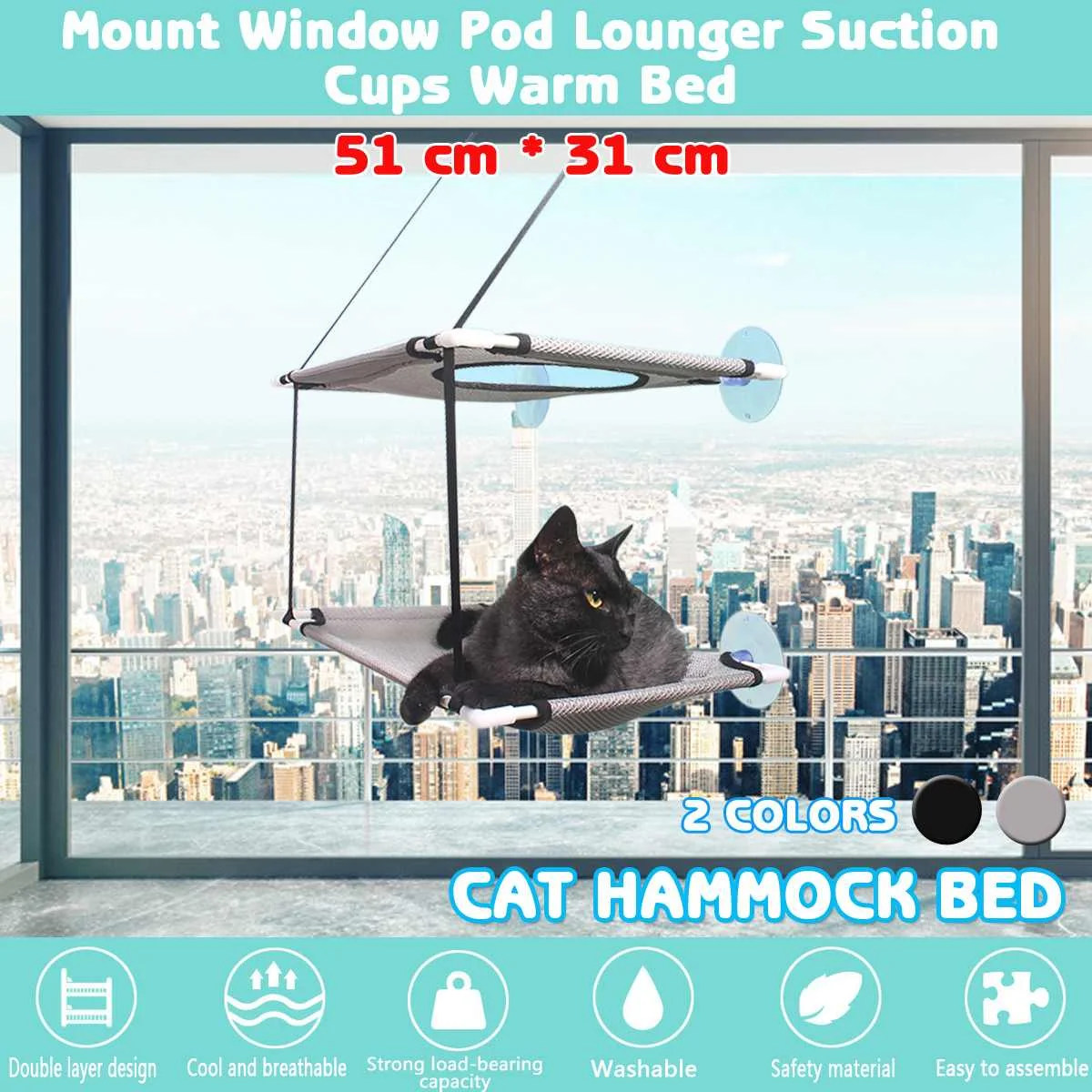 Online 20kg dos capas Pet hamaca gato Basking ventana montado asiento casa ventosa colgar cama estera salón gatos suministros 51x31cm