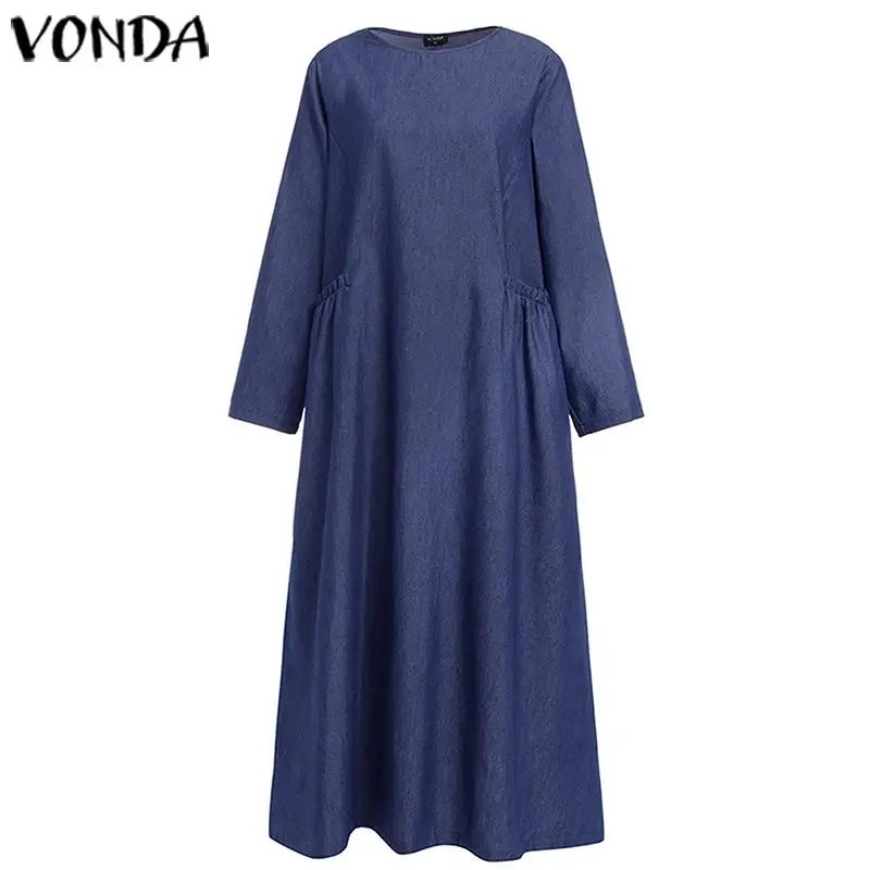 VONDA/осеннее однотонное платье с длинным рукавом размера плюс, богемные вечерние платья макси, повседневное пляжное платье с круглым вырезом, Femme Robe 5XL Vestidos