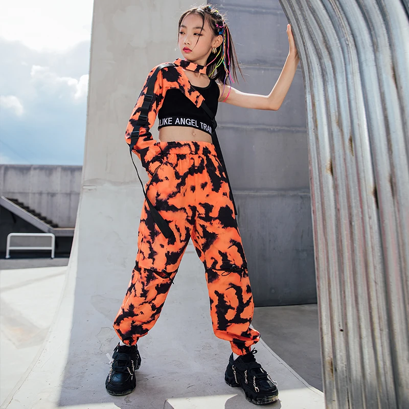 Ropa de Hip Hop para niña, Tops de única naranja, pantalones camuflaje, ropa de de Jazz, atuendo de fiesta, ropa de calle, novedad| | - AliExpress