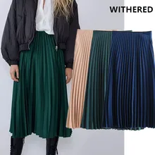 Увядшая английская офисная Дамская элегантная винтажная плиссированная однотонная сатиновая юбка миди для женщин faldas mujer moda длинные юбки для женщин