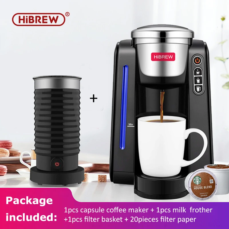 HiBrew Cafetera de uso con cápsulas para uso en el hogar o la oficina, máquina de café una sola taza, funciona con cápsula tipo K cup o Kcup, viene con espumador