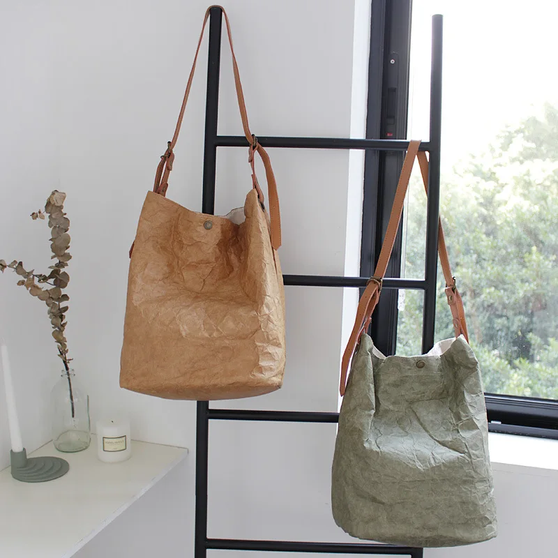 

NEW Women Kraft Paper Bucket Bag Vintage Big Capacity Shoulder Bags Casual Tote Handbags Travel Shopping Crossbody Pack Mujer