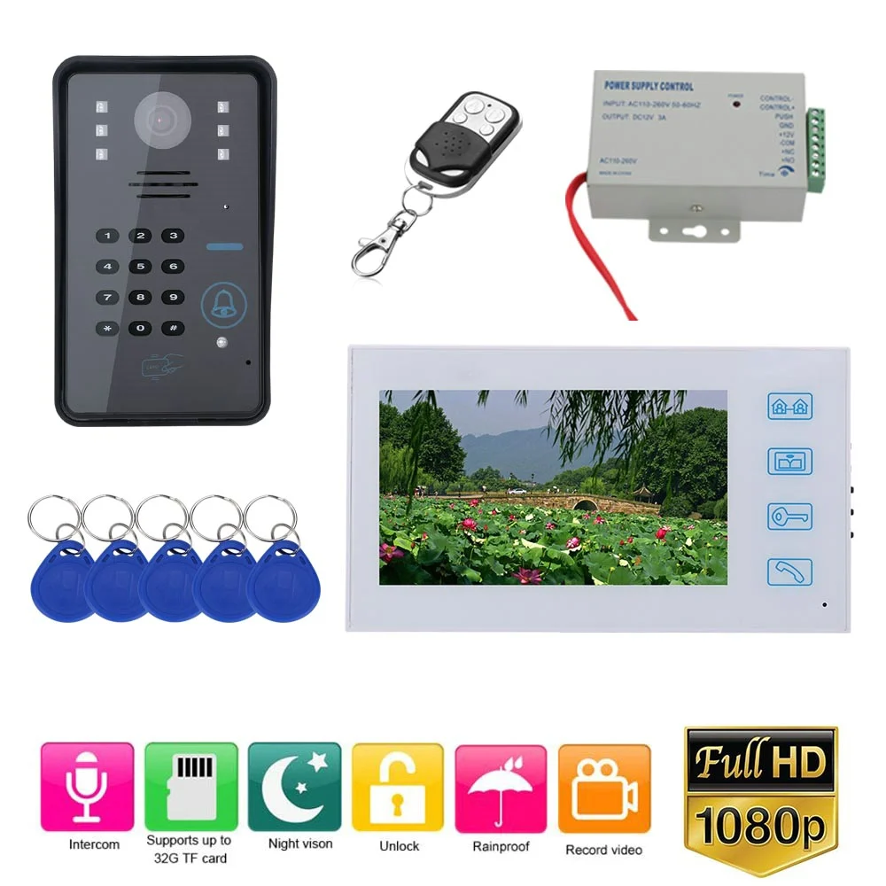 7 inch Record Wired Video Door Phone Doorbell Intercom System with RFID Password AHD 1080P Camera Door Access Control System