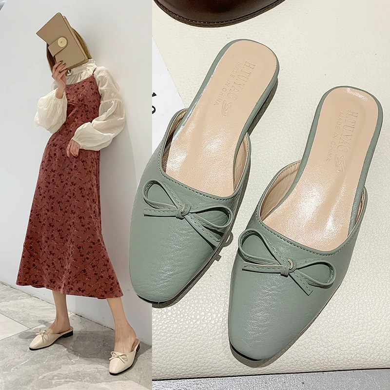 

2020 spring new ladies slippers outside Japanese cute half drag Sweet bow comfortable flat non-slip elegant women's shoes U30-20