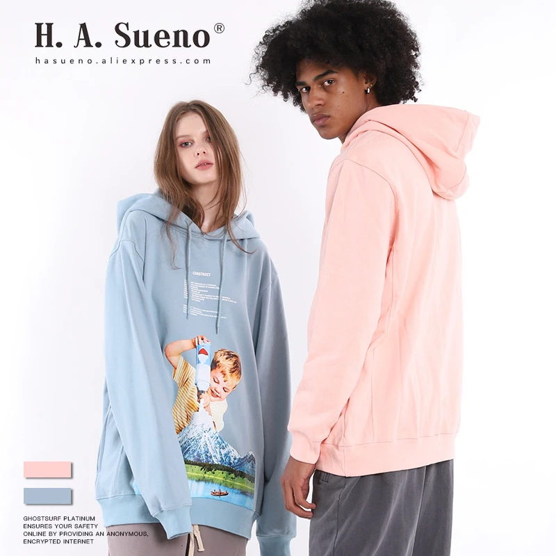 H.A.Sueno Hip Hop Oversized Mens Sweatshirts Vintage Style Couple's Hoodies Funny Print Mens Hoody Drop Shipping /7
