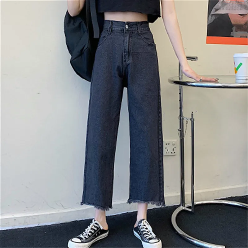 

Jeans women's straight loose tight-fitting new thin high eight-point high waist wide-leg nine-point black pants fashion