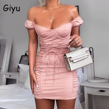 

Giyu Summer Dress Women 2020 Sexy Off Shoulder Slash Neck Bandage Bodycon Club Party Dresses Elegant Ruches Tunic Mini Vestidos