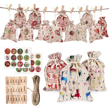 

24pcs/set DIY Advent Calendar Bags Fashion Christmas Drawstring Burlap Bags Christmas Countdown Calendar Bag Jewelry FPing