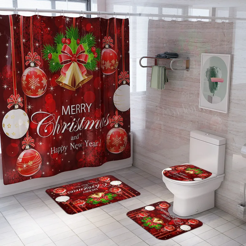 Merry Christmas набор для ванной комнаты с рисунком колокольчика водонепроницаемый занавеска для душа и чехол для унитаза коврик нескользящий ковер домашний декор