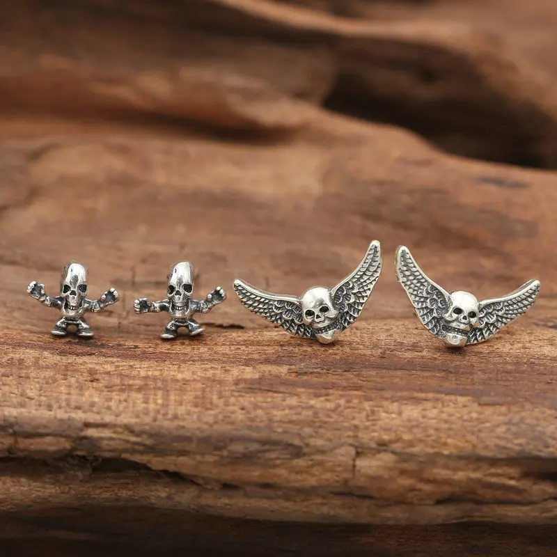 

925 Sterling Silver Fashion Punk Skull Stud Earring for Women Men Fine Jewelry