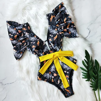 

Belt Swimwear Women 2019 Sexy Bow Monokini Ruffle One Piece Swimsuit Female Deep V Bathing Suit Strappy Beachwear Print Bodysuit
