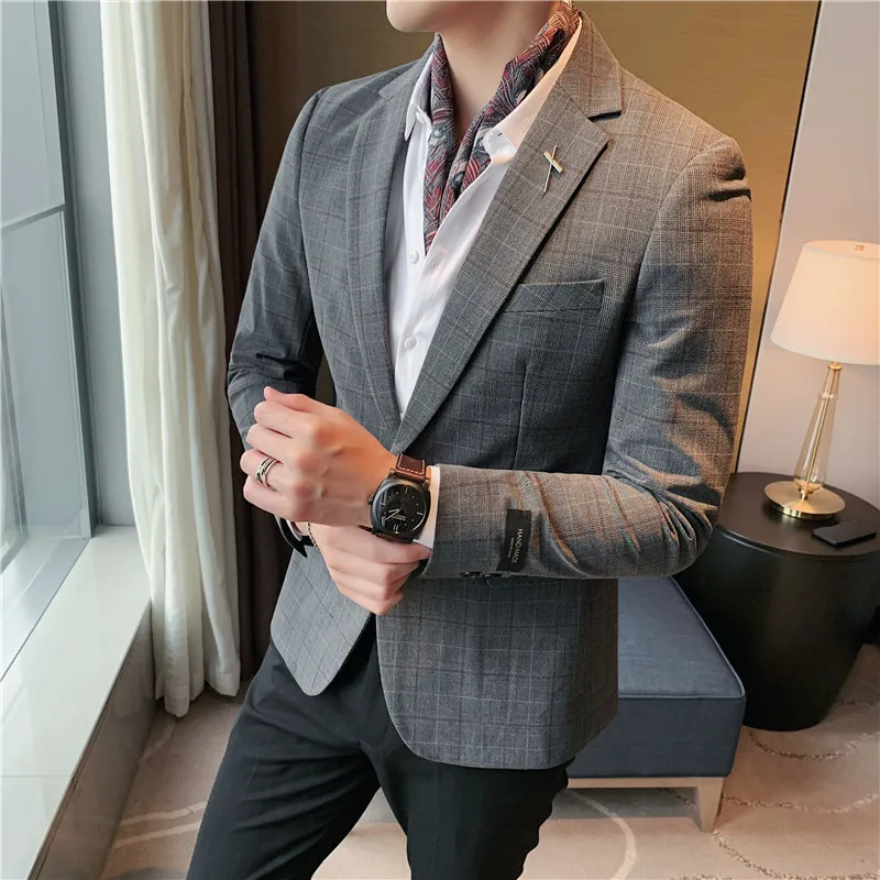 Brand Plaid Men Blazers Wedding Business Casual Suit Jacket Social Office Prom Dress Coat Street Wear Social Blazer Masculino