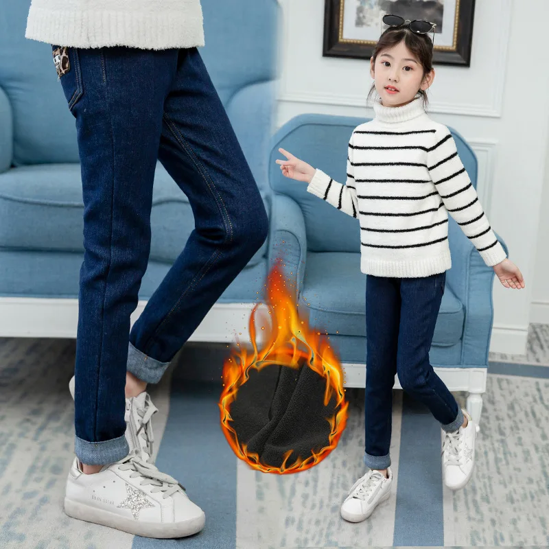 

2019 Winter Childrenswear New Style Girls Casual Leopord Pattern Labeling plus Velvet Jeans Big Boy Padded Long Pants