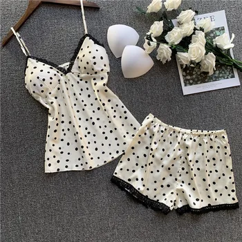 

Beige Satin Women Pajamas Set Sexy V-neck Backless Strap Top&Shorts Summer New Casual Home Clothes Vintage Dot Print Sleepwear