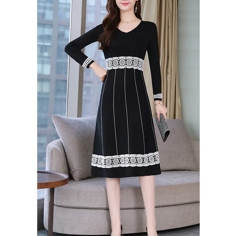 

Goddess-Style Clothes Elegant 2019 New Style Autumn Clothing Skirt Western Style Mid-length Lace Joint Full Body Dress