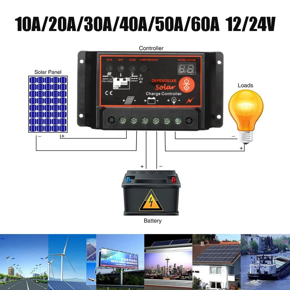 

PWM Digital Solar Charger Controller 12/24V 10A~60A Digital Display Auto Solar Cell Panel Battery Regulator for Street Lamp