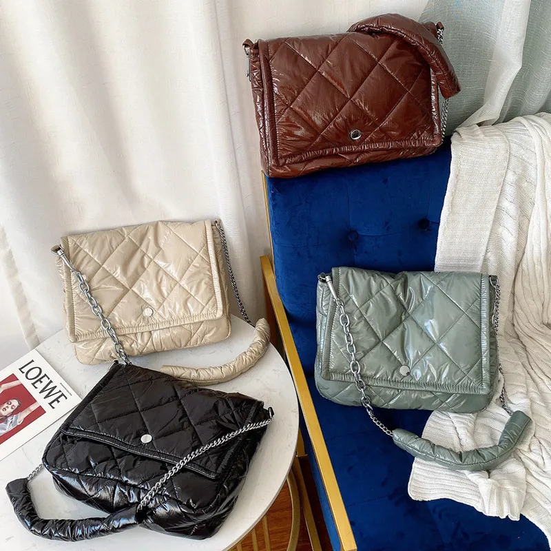 

LUCDO Women puff bag winter warm casual chain flap bag female Down Feather Padded messenger bag winter new luxury handbags women