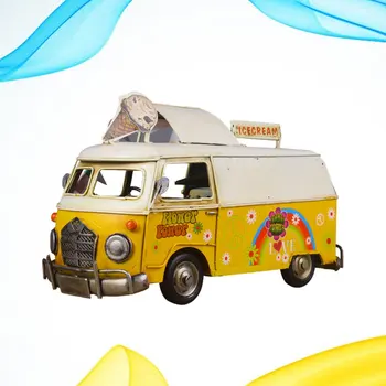 

Vintage British Style Bus Model Iron Art Craft Ice Cream Car Home Ornament for Kids Room Desktop (Yellow)