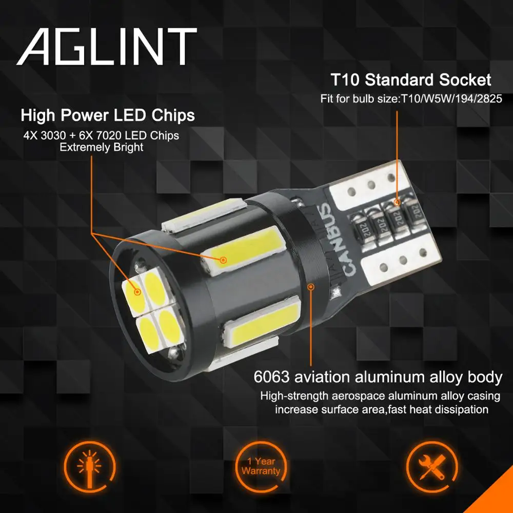 AGLINT 2pcs T10 W5W 194 168 LED  CANBUS   LED 10 Ĩ ڵ ׸   Ʈũ Ʈ ȭƮ 6000k 12V