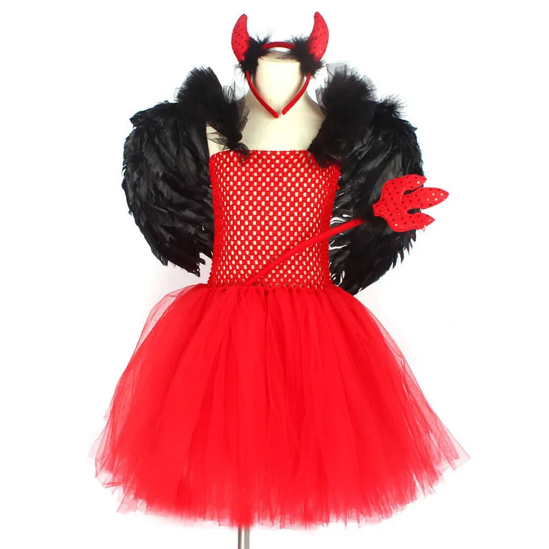 Girls Red Devil Halloween Tutu Dress with Hors Wings Pitchfork Crimson Demon Kids Fancy Dress Up Carnival Party Dress Costume (11)