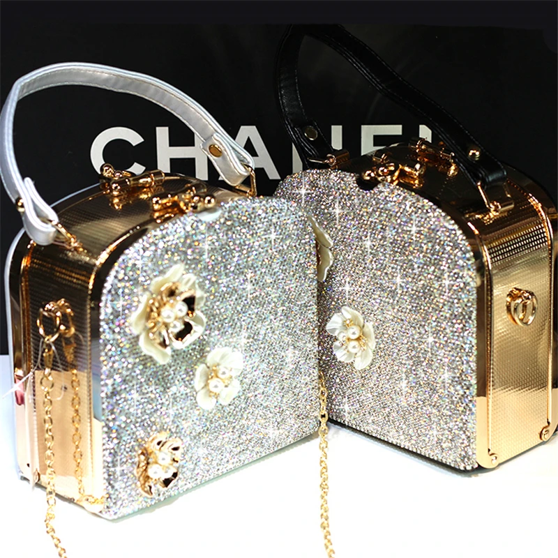 

Crystal Totes Women Luxury Shoulder Box Bag Flower Handbag Bride Wedding Chain Bags Genuine Leather Rhinestone Evening Party Bag