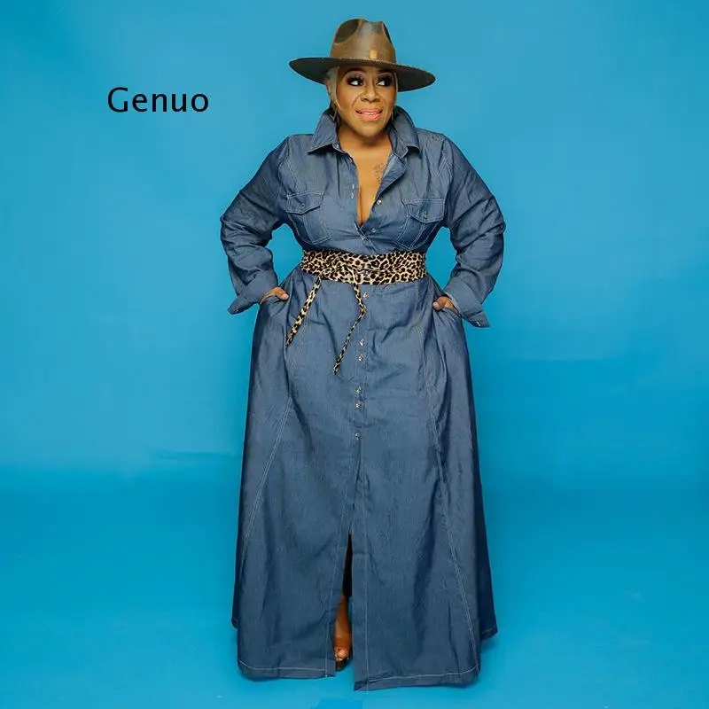 

Женское однотонное джинсовое платье в пол, Осеннее однобортное Повседневное платье большого размера с отложным воротником, 2021