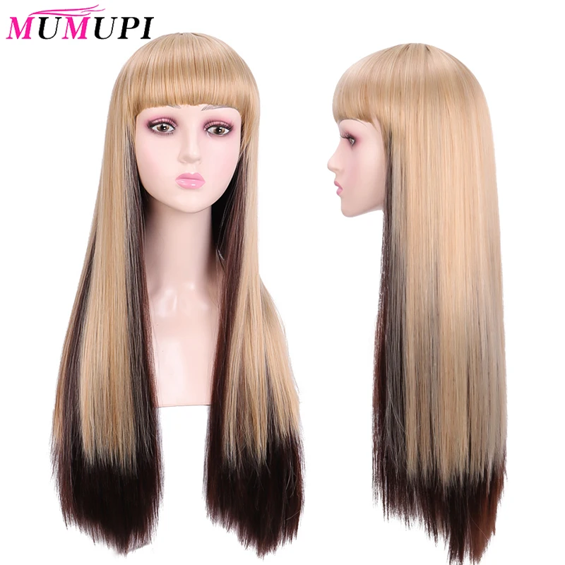 MUMUPI длинные прямые синтетические парики с челкой блонд Омбре коричневый парики для черных женщин Косплей термостойкие волосы