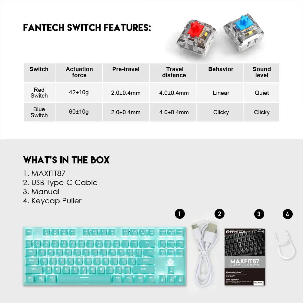 FANTECH MAXFIT87 87 Key Mechanical Keyboard Detachable Type-c Cable Wired LED Backlit Macro Gaming Keyboard Keycap gaming computer keyboard