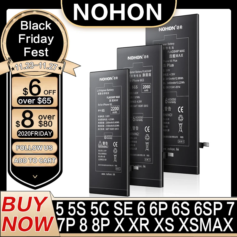 NOHON батарея для Apple iPhone SE 6S 6 7 8 Plus X 5S 5 5C Xr Xs MAX 6Plus 7Plus Замена оригинальной батареи iPhone6 iPhone7 аккумулятор|battery for|nohon