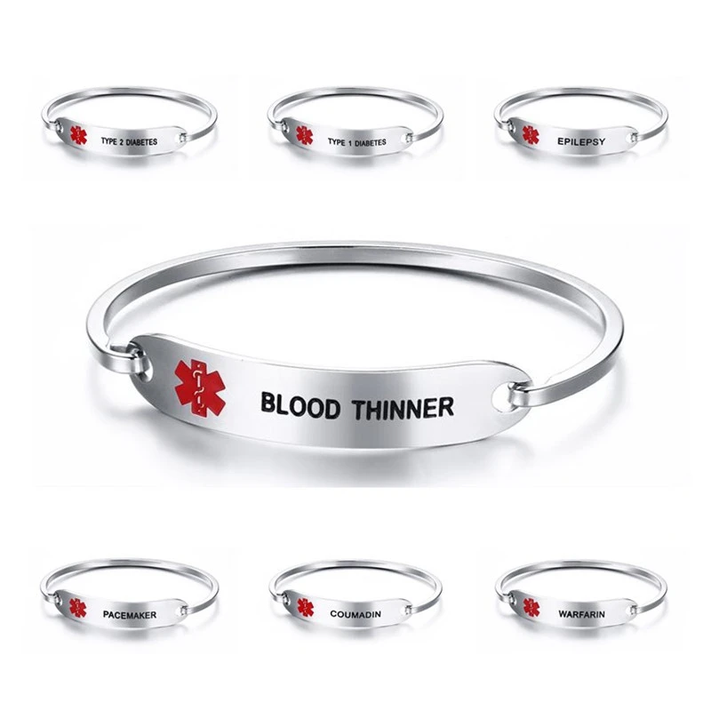 Medical Alert ID Stainless Steel Bracelets Engraved BLOOD THINNER Cuff Bangles Wristband For Women Jewelry |