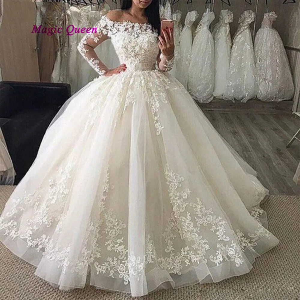 Vestido de Noiva Manga Comprida новые дизайнерские кружевные свадебные платья с длинным рукавом Пышные свадебные платья принцессы бальное платье невесты