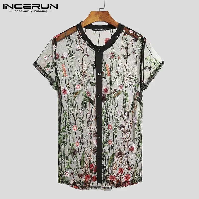 INCERUN – chemise en maille brodée pour homme, haut à manches courtes, Sexy, transparent, avec bouton, respirant, pour boîte de nuit, 5XL, 2023