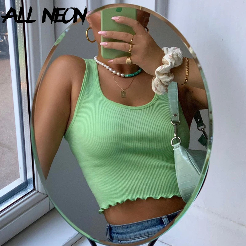 

ALLNeon E-girl Sweet Solid Ruffles Straped Sleeveless Tank Tops Y2K Fashion Casual Slim Cropped Tops 90s Vintage Streetwear New
