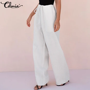 

Celmia Women Casual Loose Wide Leg Pants 2020 Fashion Trouser Solid Long Palazzo Pockets Drawstring Vintage Pantalon Femme S-5XL