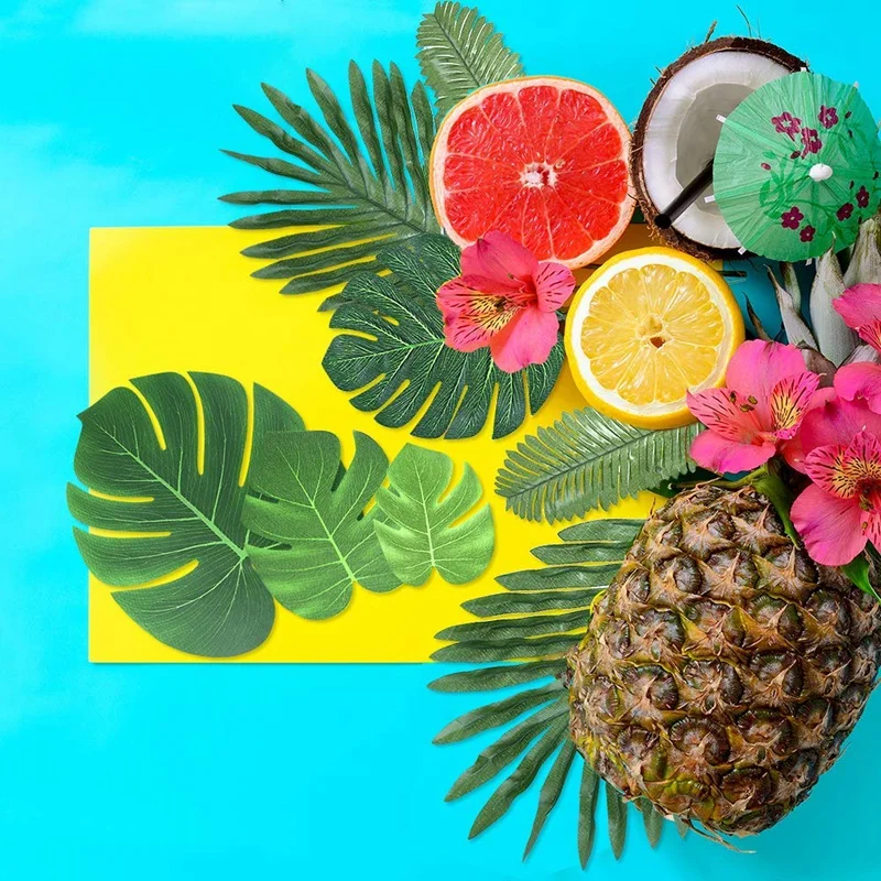 NEW-48PCS джунгли пляж тема украшения искусственные Пальмовые Листья и черепаха лист папоротниковое растение со стеблем для Гавайские Вечерние