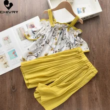 

Two-piece Girls Clothing Sets Summer 2022 Baby Girls Floral Print T Shirts Tops with Wide Leg Pants Kids Fashion Clothes Suit