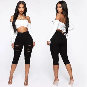 

Jeans Denim Pants Streetwear High-Waist Plus-Size Scratched Women Button Skinny DM001