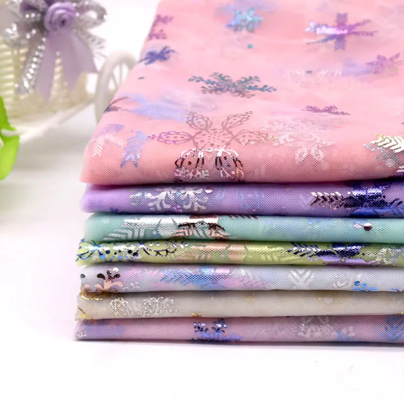 150cmx100cm Colorful Snowflake Soft Tulle Fabric Princess Dress Glitter Fabric New Year Organza Printed Bronzing Fabric