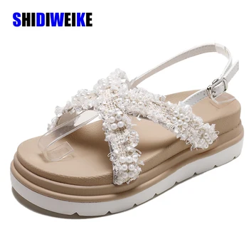 

2020 Sandals Slippers Women Wear Beach Wild Pearl Wedge With Thick Bottom Flip Flops summer shoes AB035