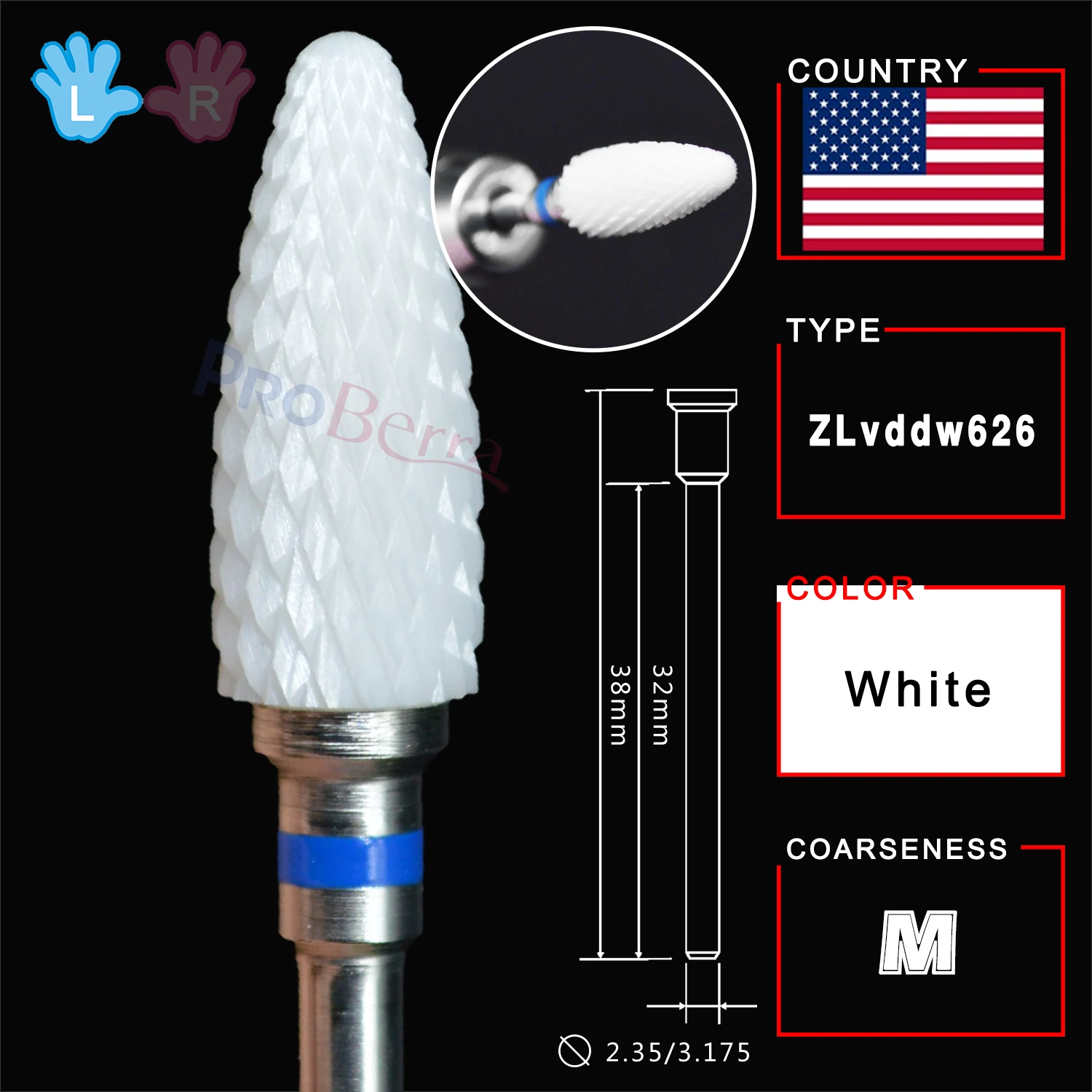 RolinStar White Ceramic Left Handed Person Flame Bit designated milling cutters removel gel polish varnish Nail Drill Bit 6