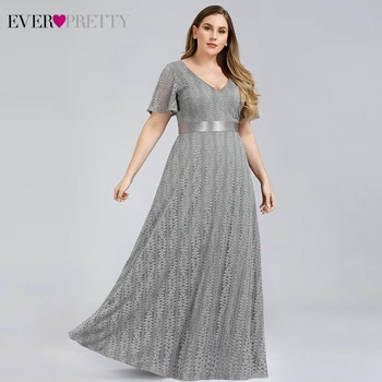 

Ever Pretty Plus Size Evening Dresses For Women Short Sleeve A-Line V-Neck Elegant Lace Party Dresses Robe De Soiree Femme
