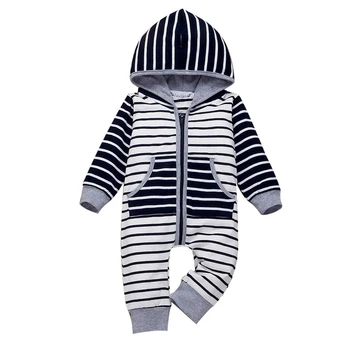 

Newborns Hooded Romper Infant Boy Girl Stripe Patchwork Winter Long Sleeve Pocket Zipper Jumpsuit Fashion Baby Clothes 0-24M A20