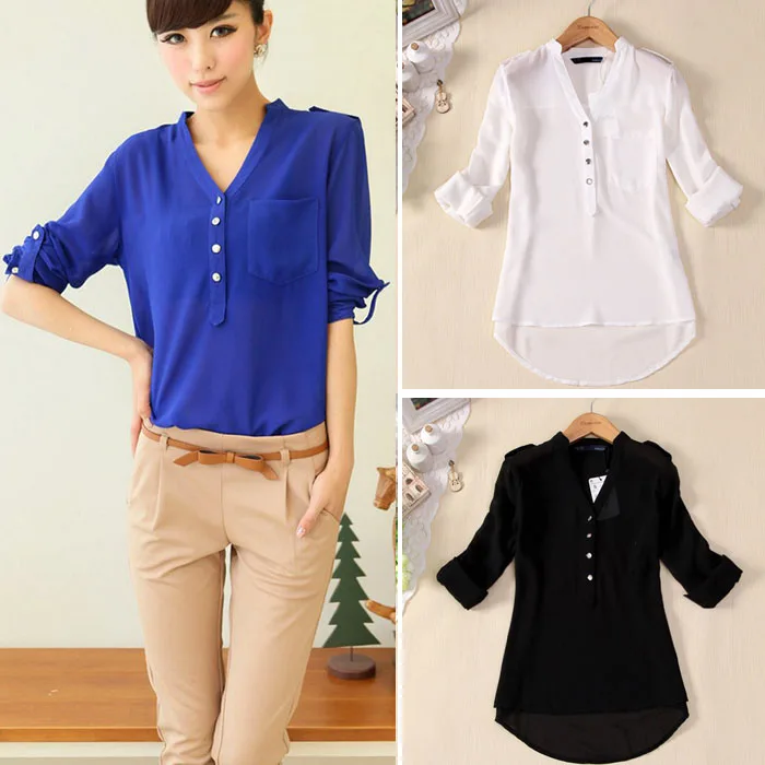 Women Blouse Button V Neck Spring Summer V-neck Chiffon fabric Long Sleeve Casual Shirt Office Lady Elegant Blouse Shirt Tops P5 4
