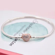 Браслет из розового золота с застежкой в виде сердца с кристаллами, подходит для бусины из стерлингового серебра 925, ювелирные изделия в европейском стиле